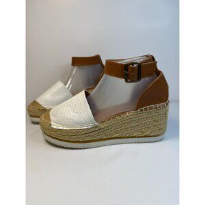 Nautica Walida Sandals Women Size 7.5 White/Brown Wedge Espadrille Leather Shoes
